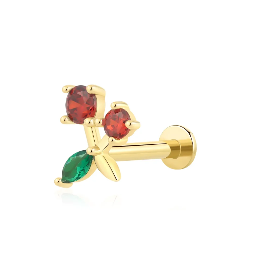 14K Solid Gold Threadless Cherry Labret Stud with Multi-Colored CZ Stones