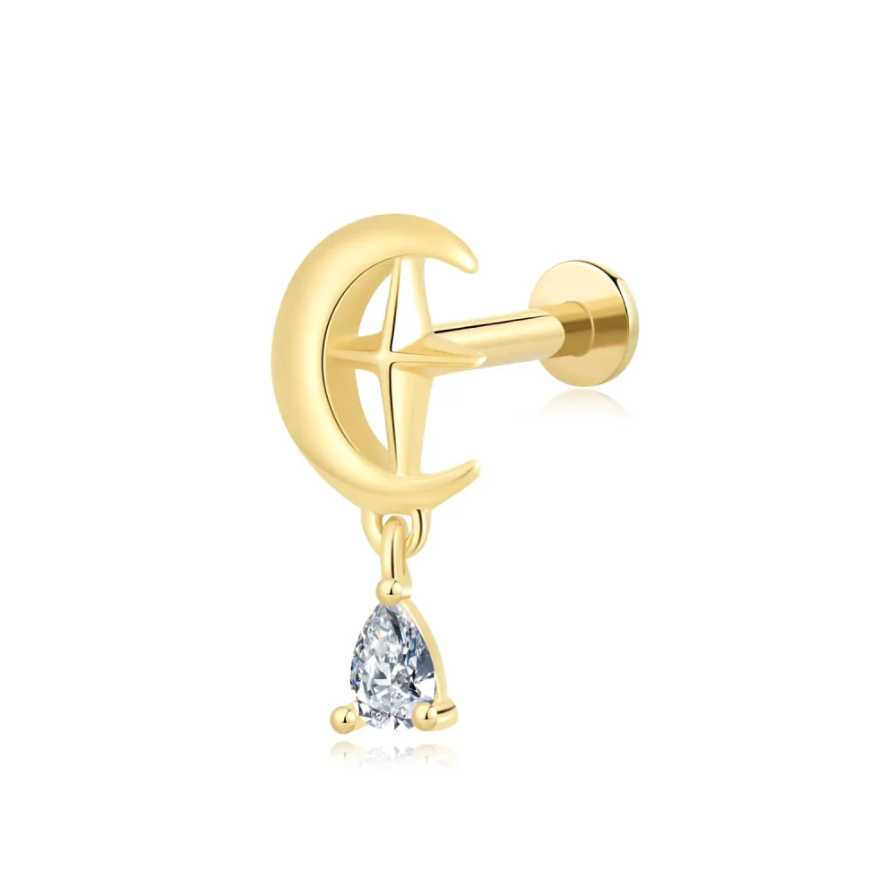 14K Solid Gold Threadless Moon and Star Labret Stud with CZ Dangle