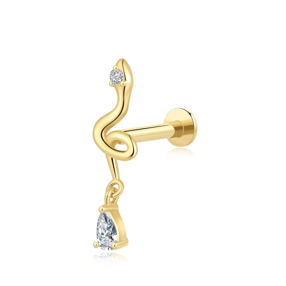 14K Solid Gold Threadless Minimalist Serpent Labret Stud with CZ Dangle