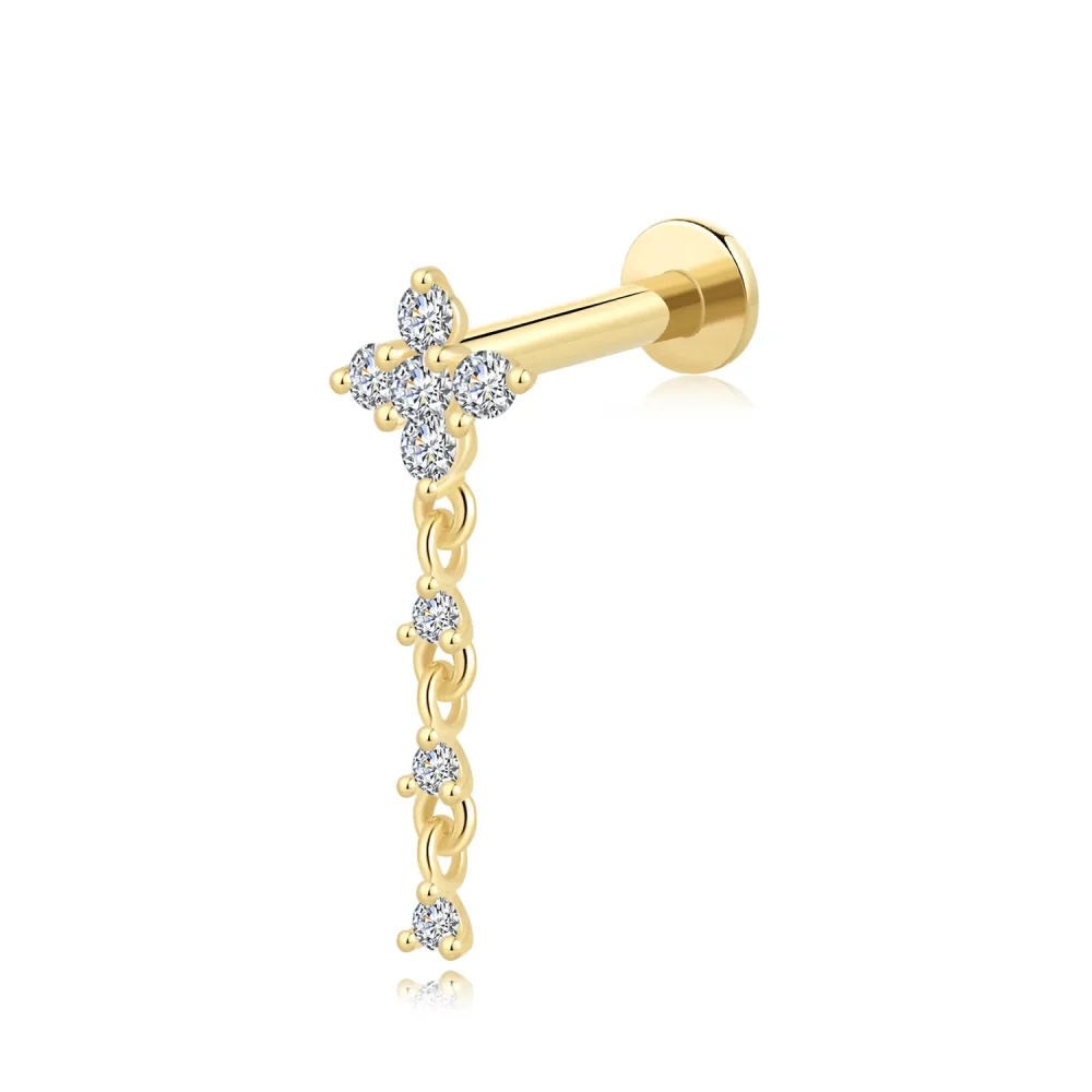 14K Solid Gold Threadless Chain Labret Stud with CZ Dangle