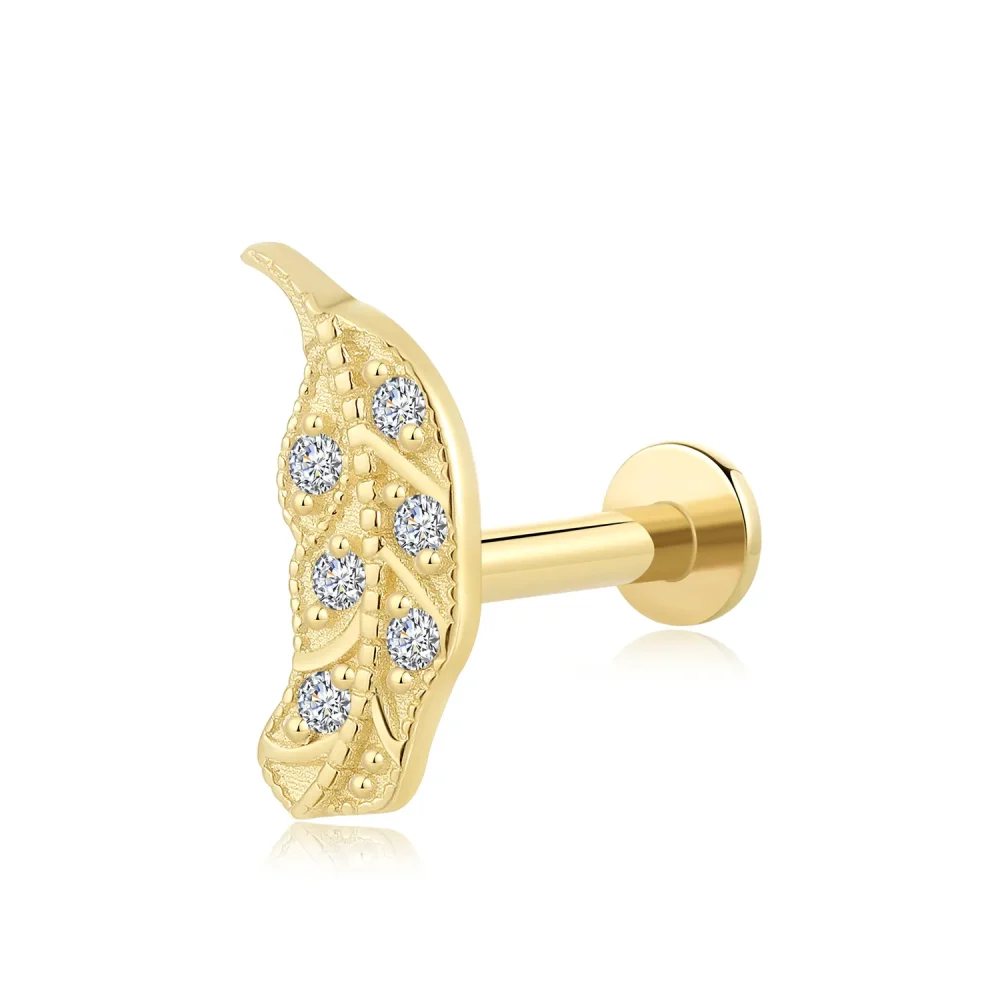 14K Solid Gold Threadless Petaled Bean Labret Stud with CZ Stone