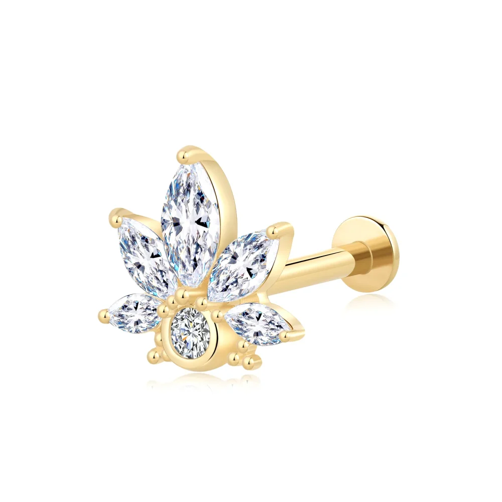 14K Solid Gold Floral Threadless Labret Stud with CZ Petals