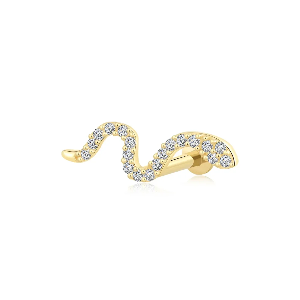 14K Solid Gold Threadless Encrusted Snake Labret Stud with CZ Stones