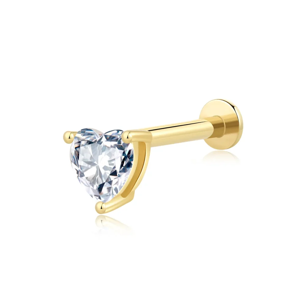 14K Solid Gold with CZ Stone Threadless Heart Labret Stud