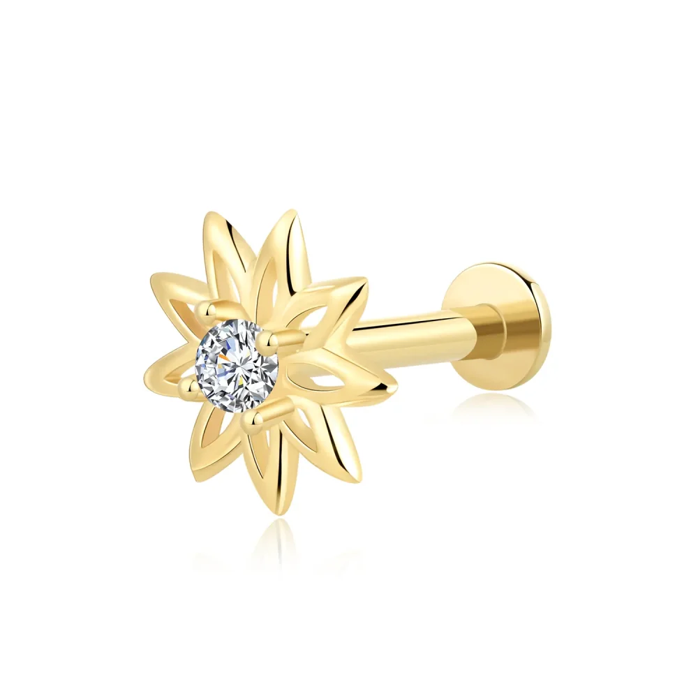 14K Solid Gold with CZ Stone Threadless Daisy Labret Stud