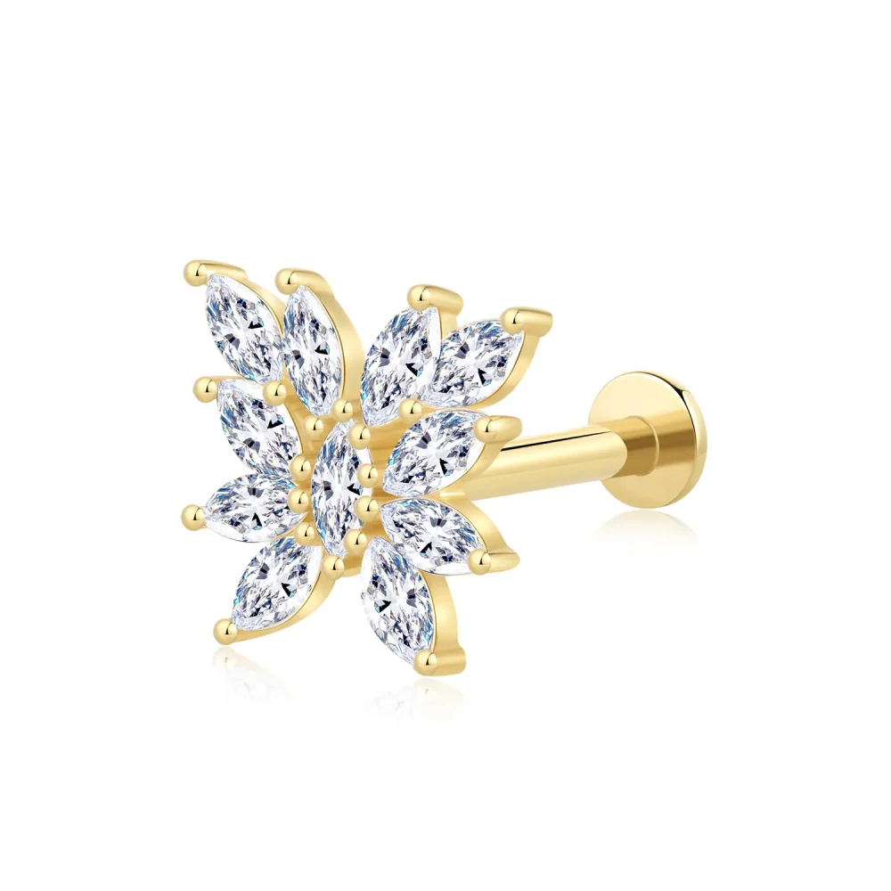 14K Solid Gold with CZ Stone Threadless Large Butterfly Labret Stud