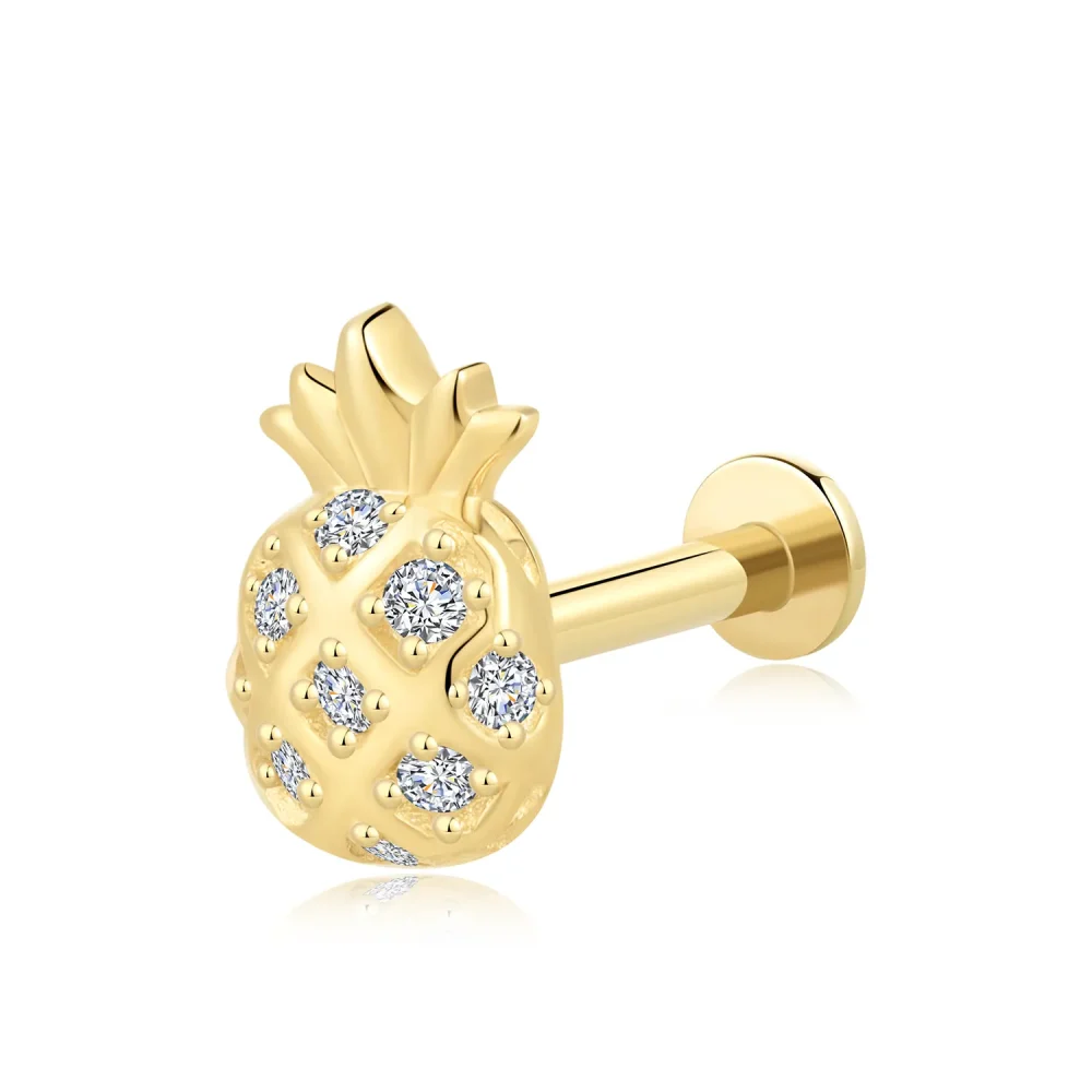 14K Solid Gold with CZ Stone Threadless Pineapple Labret Stud