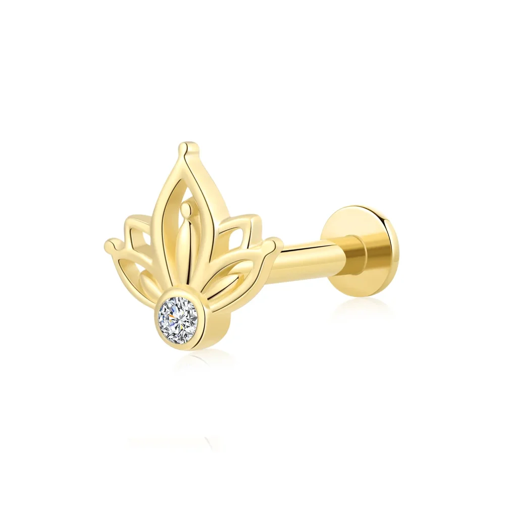 14K Solid Gold Internally Threaded Labret Stud with Round 5A CZ