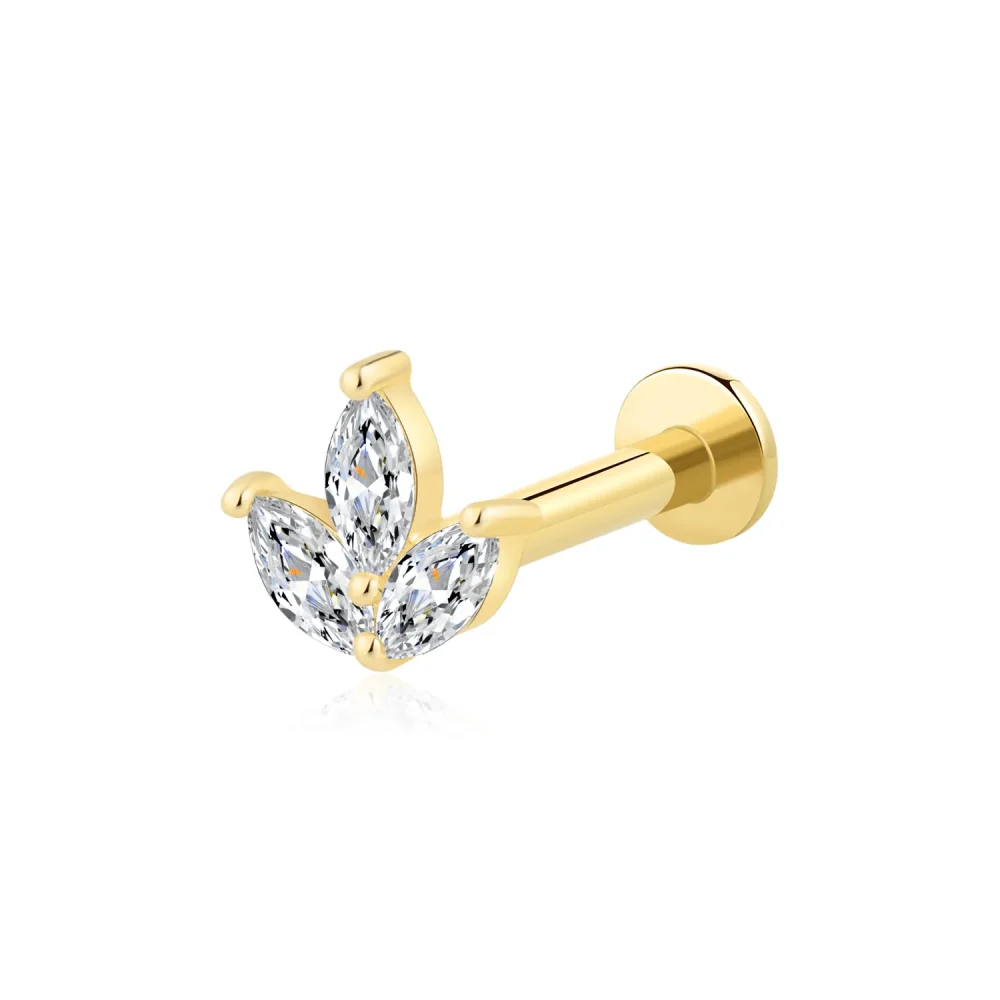 14K Solid Gold Internally Threaded Labret Stud with Marquise-Cut White Zirconia