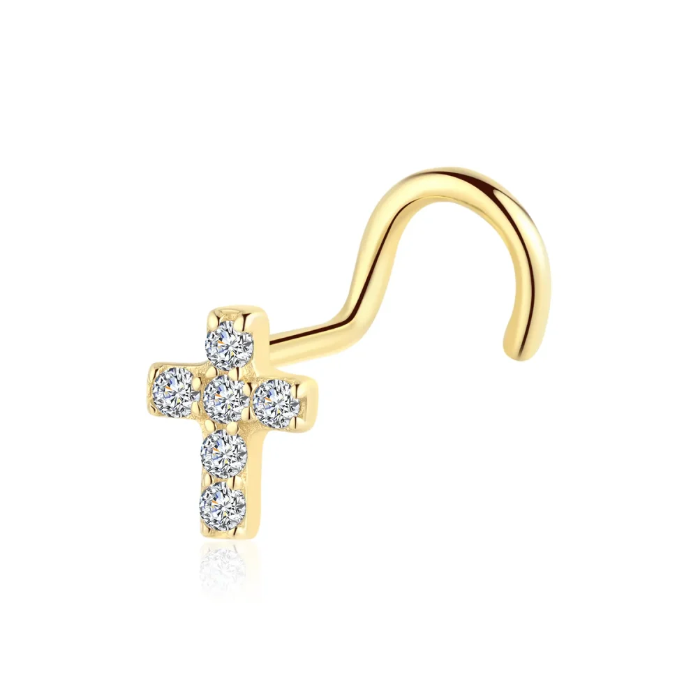 14K Solid Gold Nose Screw with Clear CZ Cross