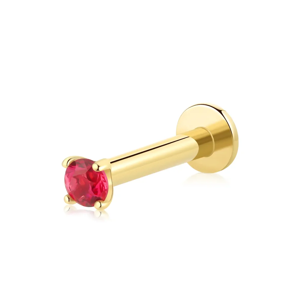 14K Solid Gold Threadless Labret Stud with Red CZ