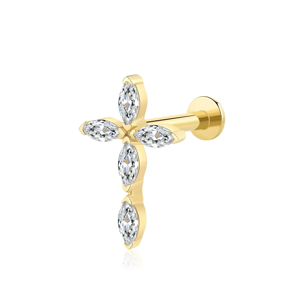 14K Solid Gold Dazzling Elegance Threadless Labret Stud with Marquise CZ