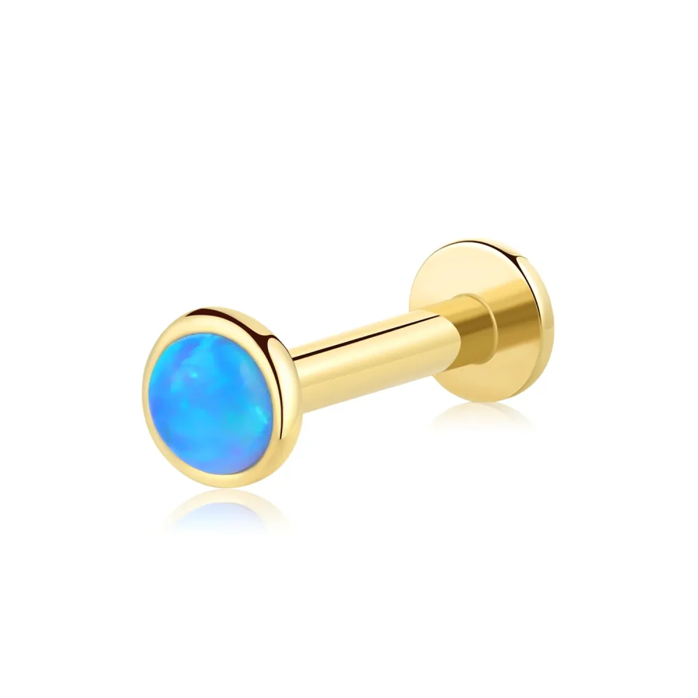 14K Solid Gold Captivating Aura Threadless Labret Stud with Blue Opal