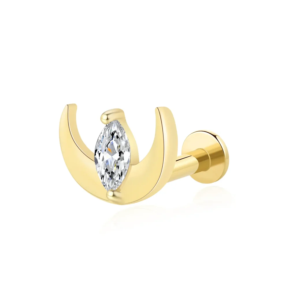 14K Solid Gold Lunar Radiance Crescent Moon Threadless Labret Stud with CZ Stone