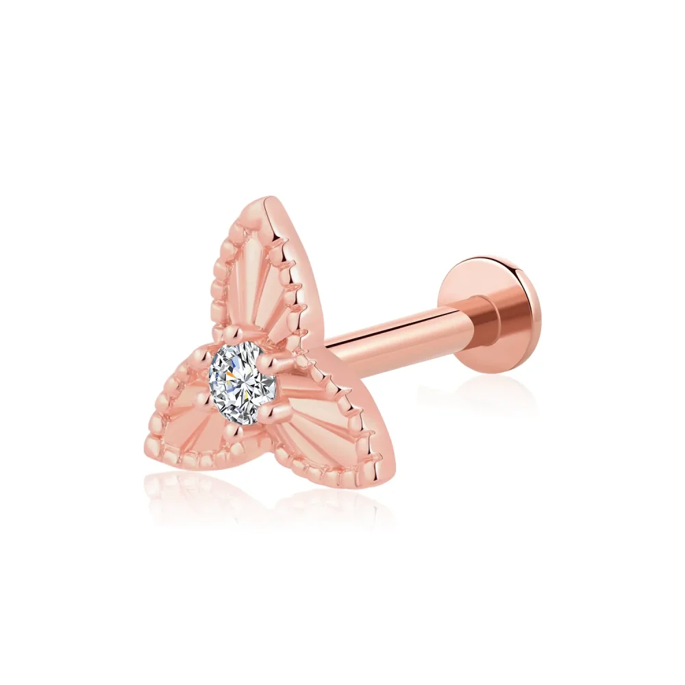 14K Solid Rose Gold Threadless Labret Stud with Circular CZ