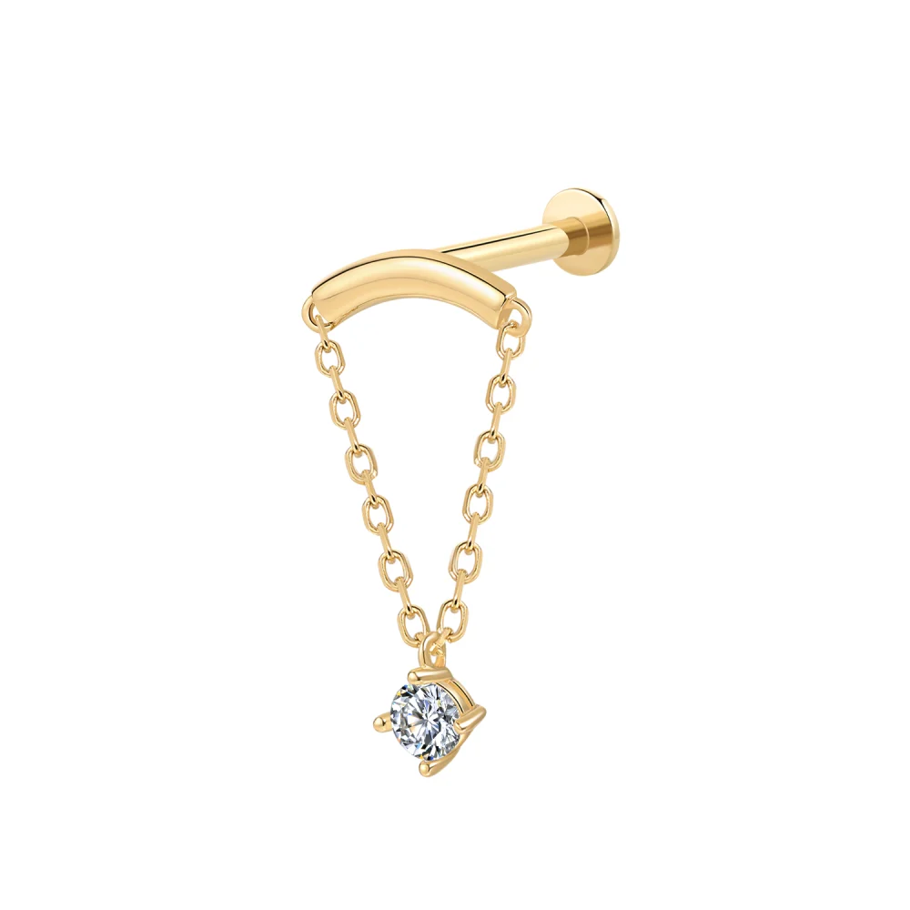 14K Solid Gold Threadless Graceful Dangle Labret Stud with CZ Pendant