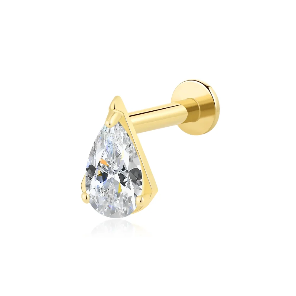 14K Solid Gold Large Teardrop CZ Threadless Labret Stud