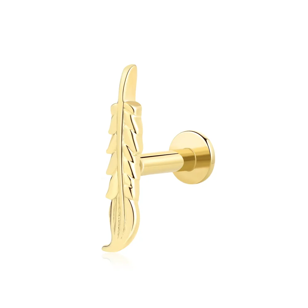 14K Solid Gold Quill Feather Threadless Labret Stud