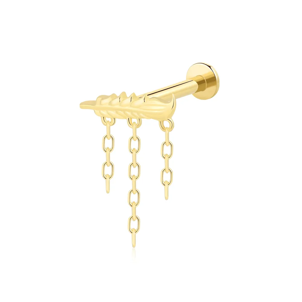 14K Solid Gold Feather with Triple Chain Dangle Threadless Labret Stud