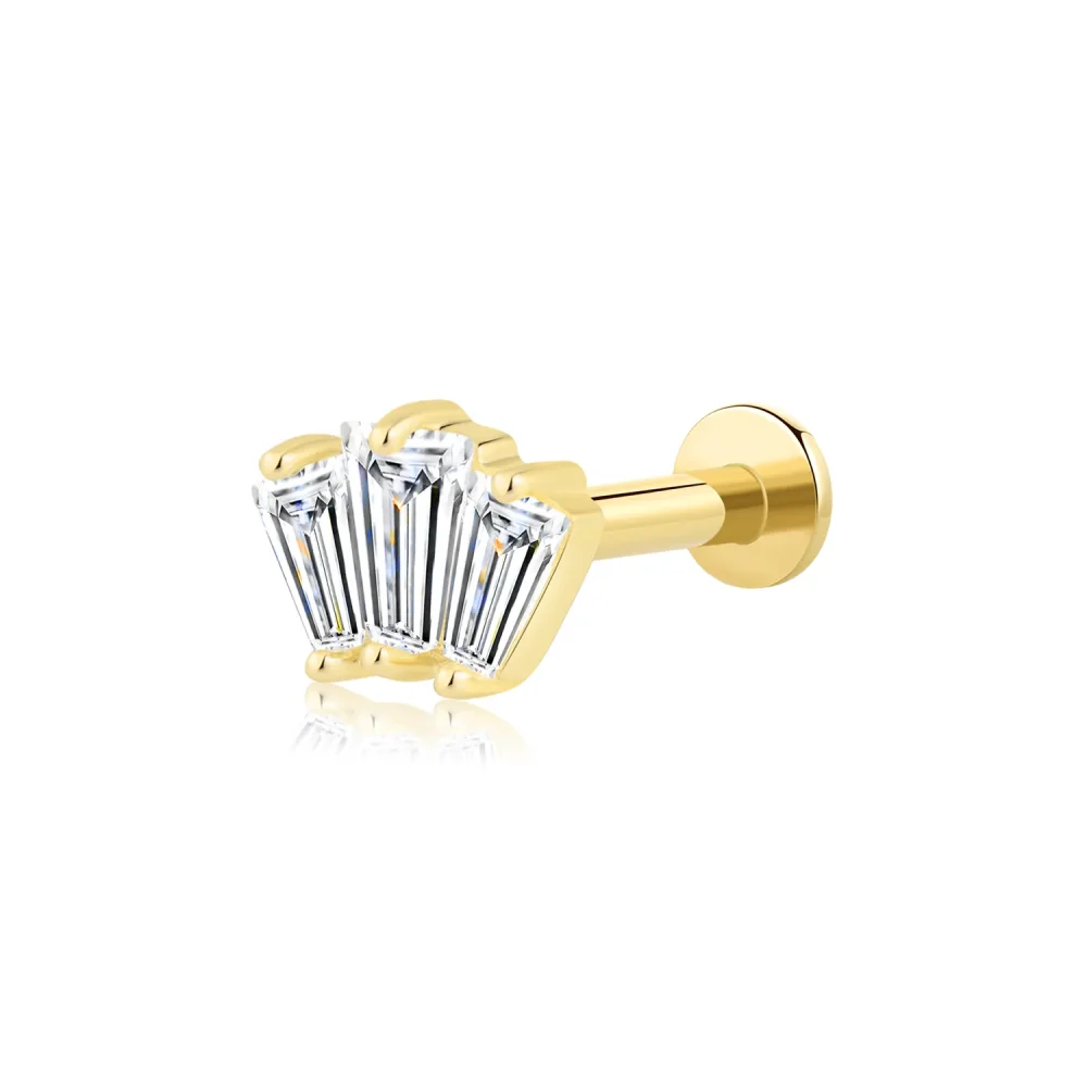 14K Solid Gold Threadless Trio CZ Stone Style Labret Stud