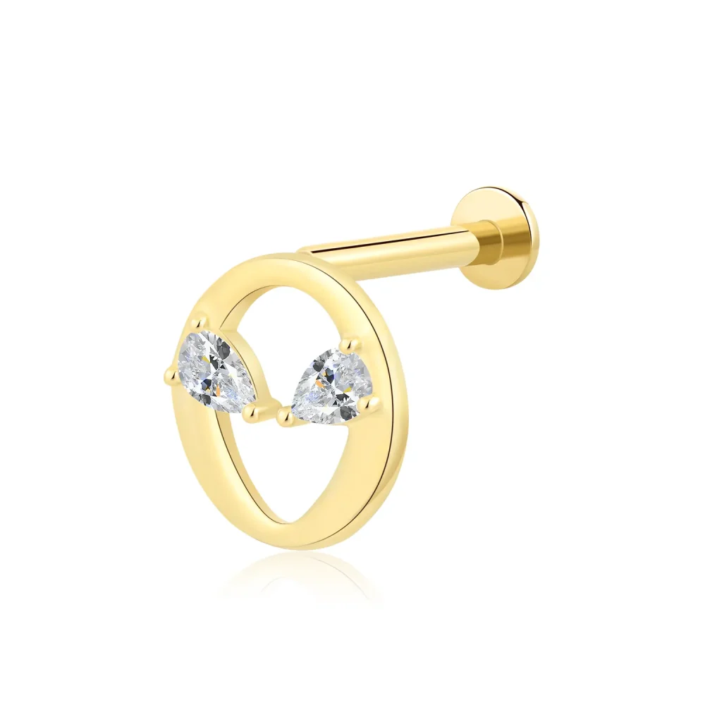 14K Solid Gold Threadless Abstract Totem Labret Stud with CZ Stone