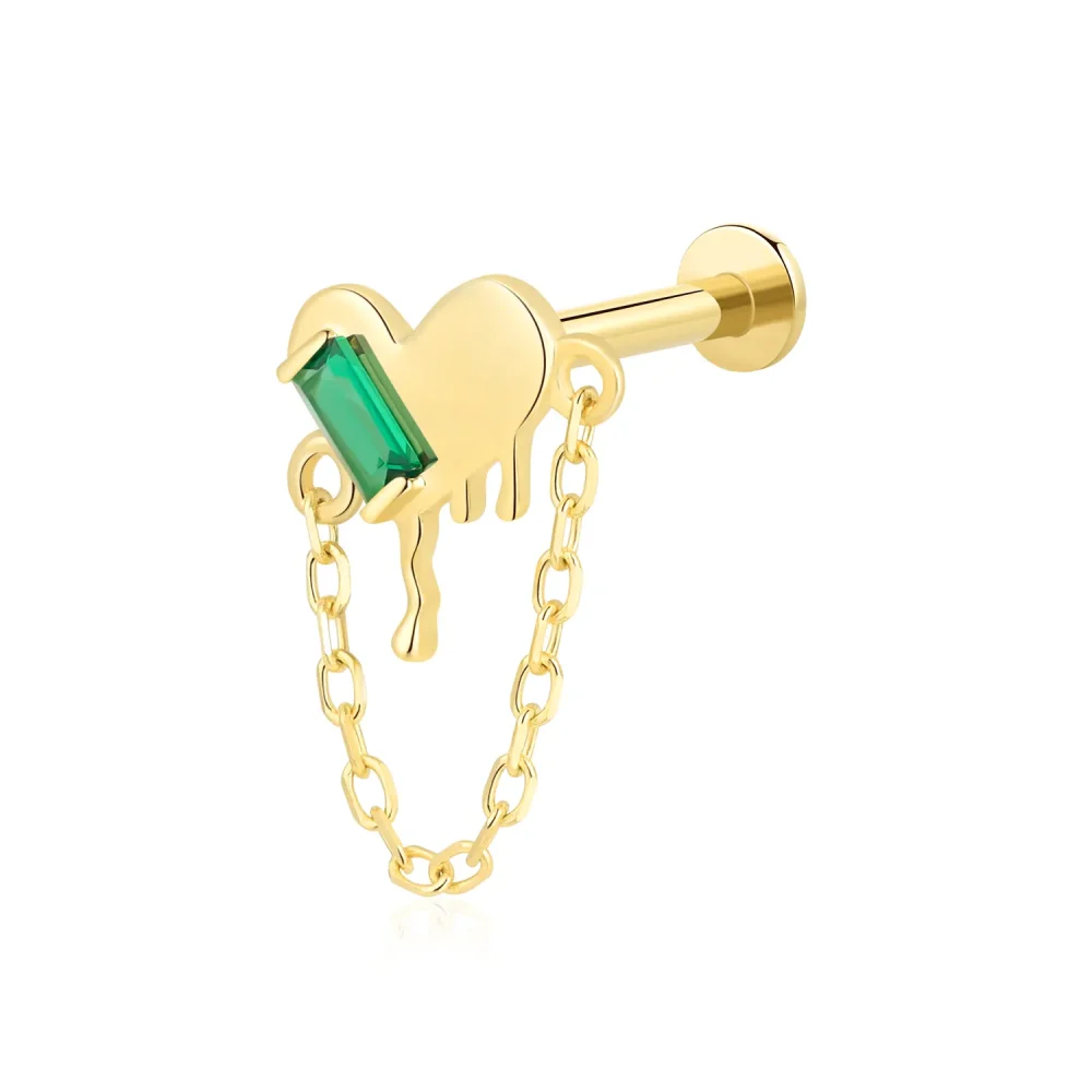 14K Solid Gold Threadless Heart Labret Stud with Green CZ Stone