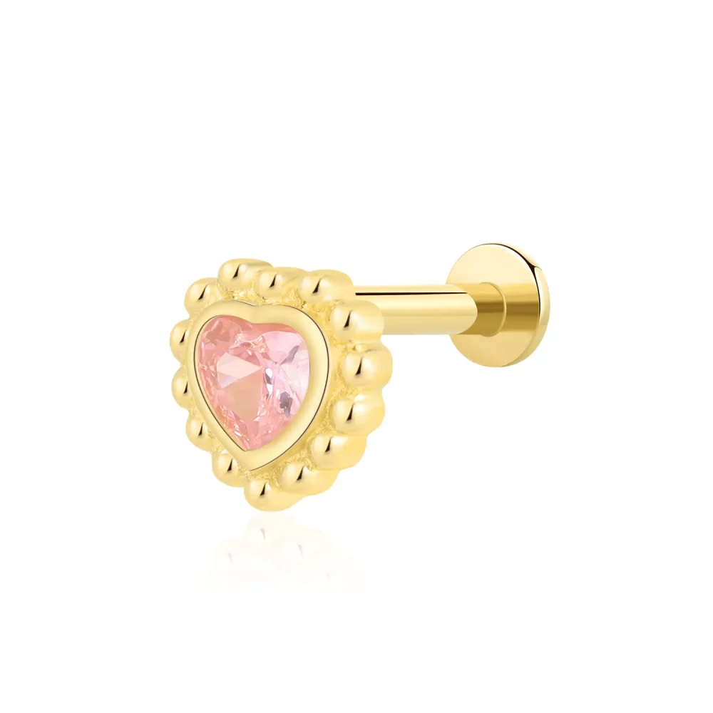 14K Solid Gold Threadless Pink Heart CZ Stone Labret Stud