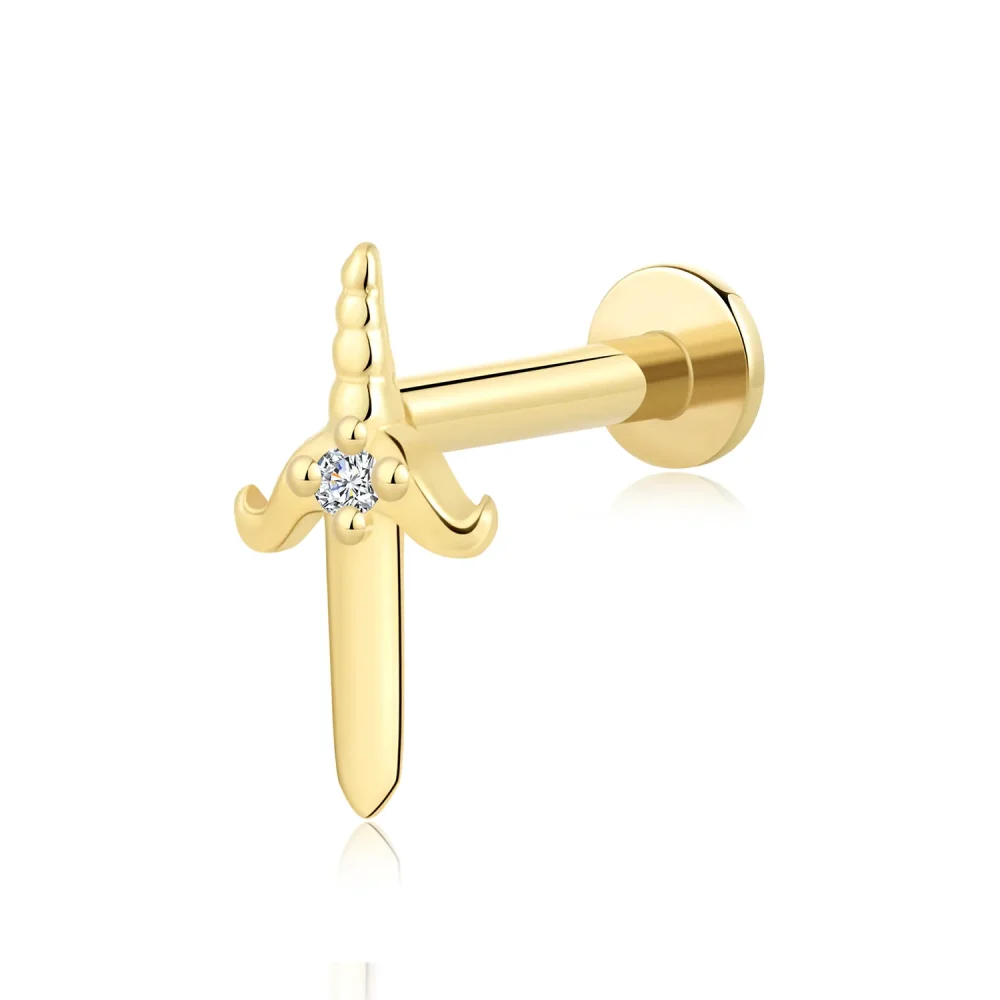 14K Solid Gold Threadless Cartoon Dagger Labret Stud with CZ Stone