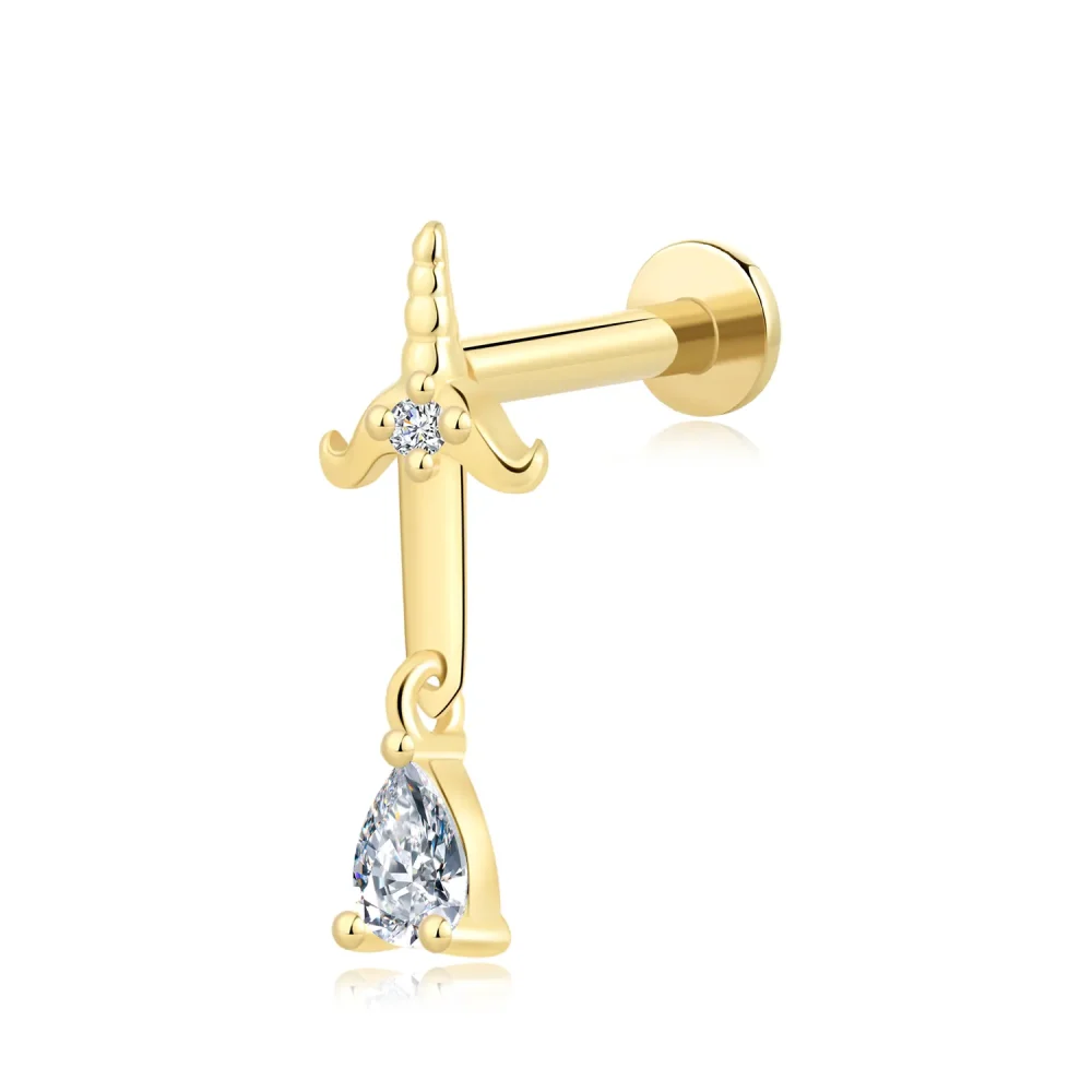 14K Solid Gold Threadless Cartoon Dagger Labret Stud with CZ Dangle