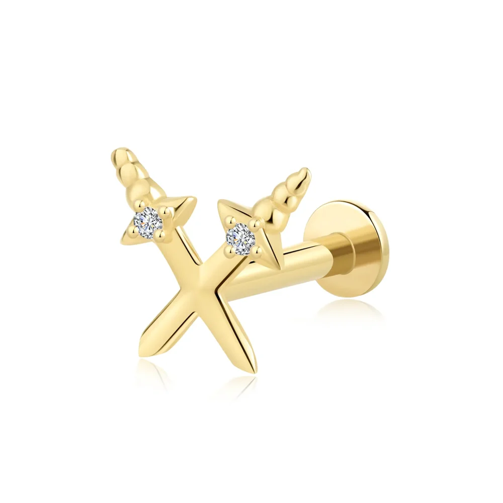 14K Solid Gold Threadless Dual Cartoon Dagger Labret Stud with CZ Stones