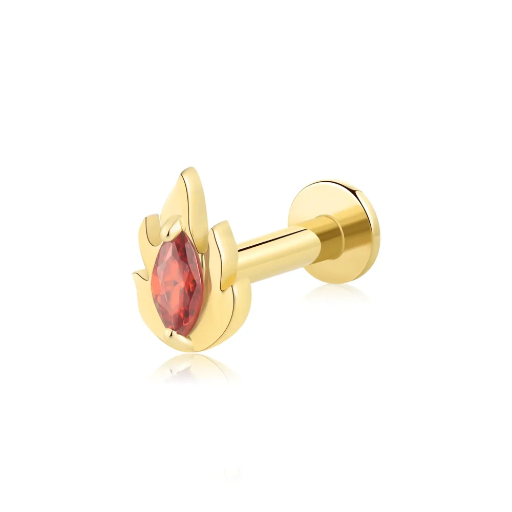 14K Solid Gold Flame Labret Stud with Red CZ