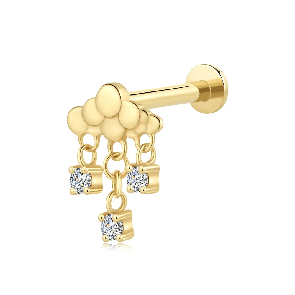 14K Solid Gold Internally Threaded Cloud Labret Stud with CZ Droplets