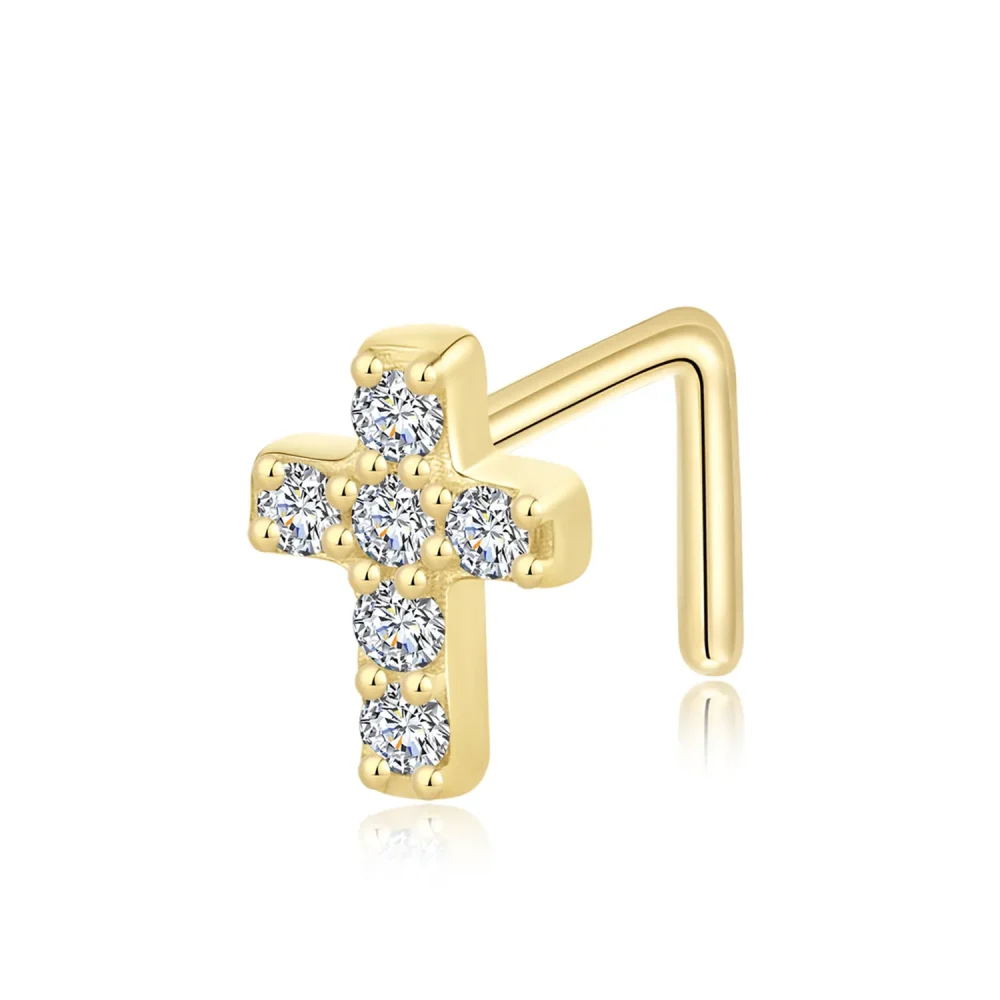 14K Solid Gold Nose Stud with Zircon Cross – Sparkling Cross Piercing Jewelry