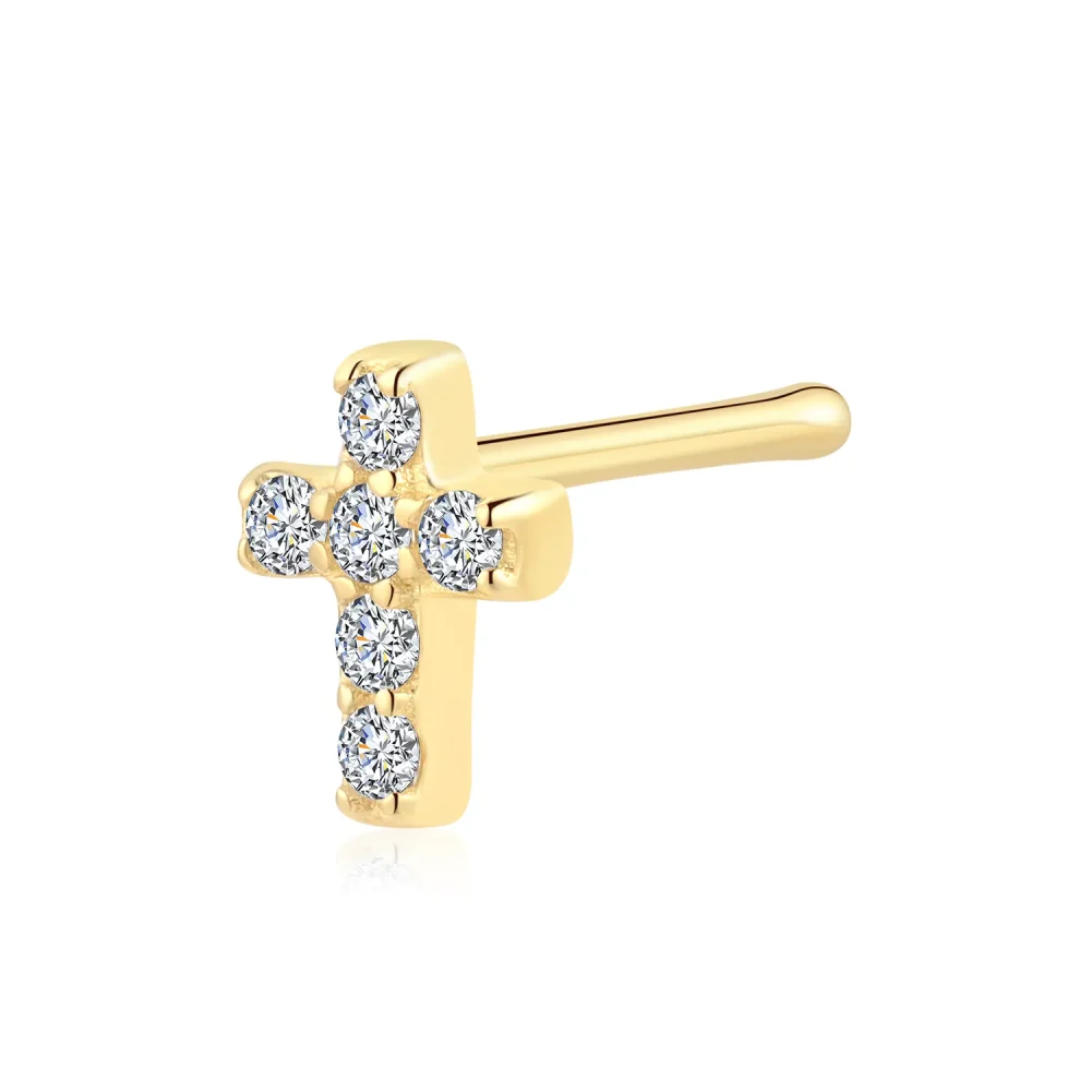 14K Solid Gold Nose Stud with Clear CZ Stone Cross