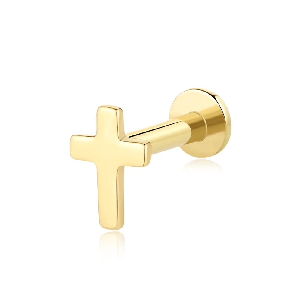 14K Solid Gold Threadless Labret Stud – Simple Cross Design