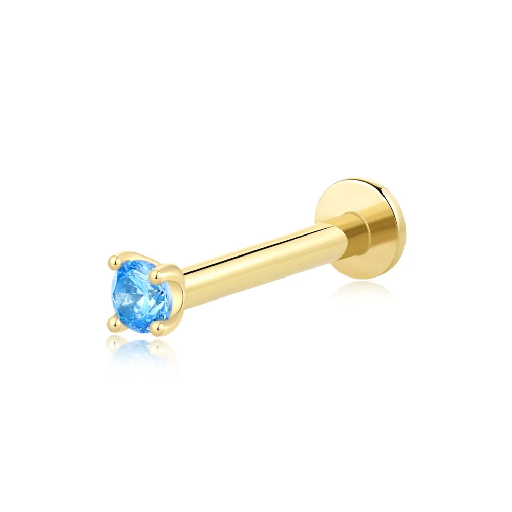 14K Solid Gold Threadless Labret Stud with Aqua Zircon