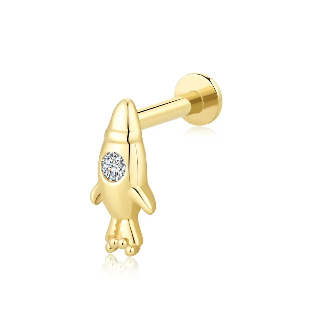 14K Solid Gold Rocket Ship Threadless Labret Stud with CZ Stone