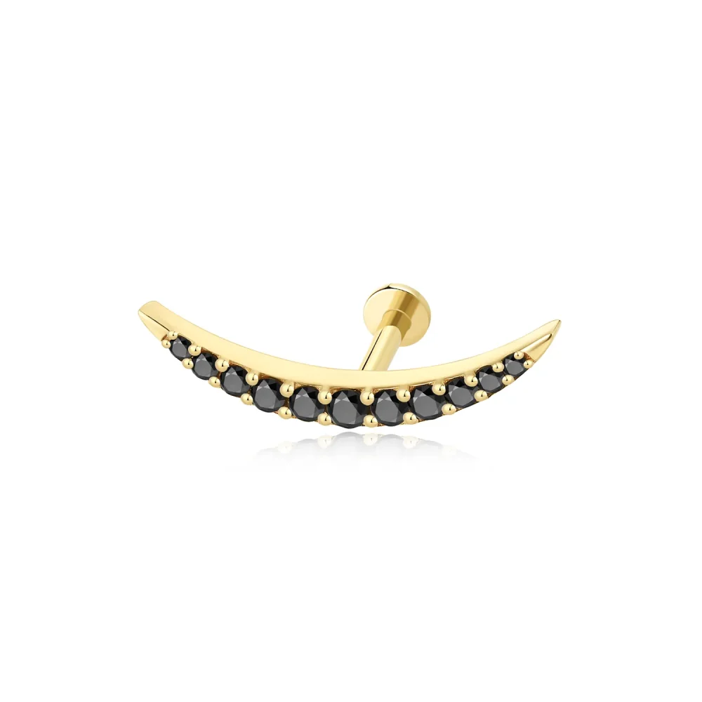 14K Solid Gold Curved Design Threadless Labret Stud with Black CZ Stone