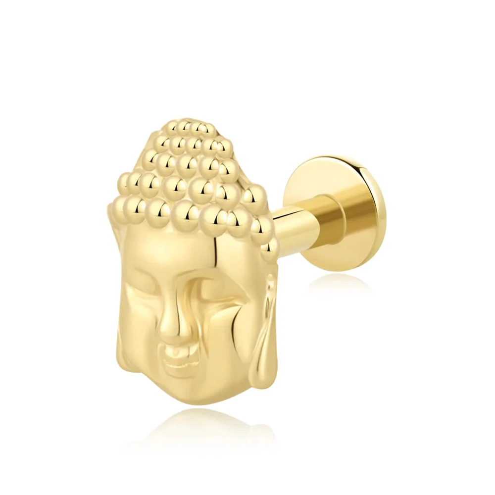 14K Solid Gold Threadless Labret Stud with Buddha Head Design