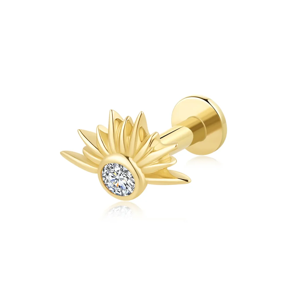 14K Solid Gold Sunrise Design Threadless Labret Stud with CZ Stone