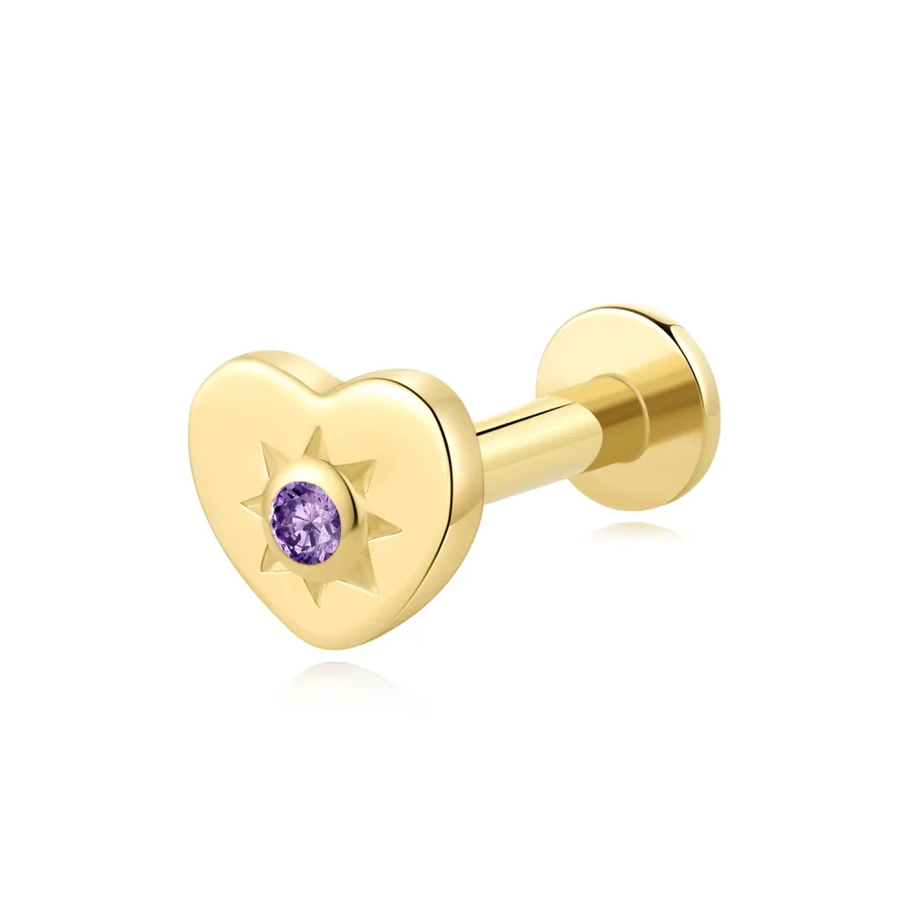 14K Solid Gold Heart Threadless Labret Stud with Purple CZ Stone