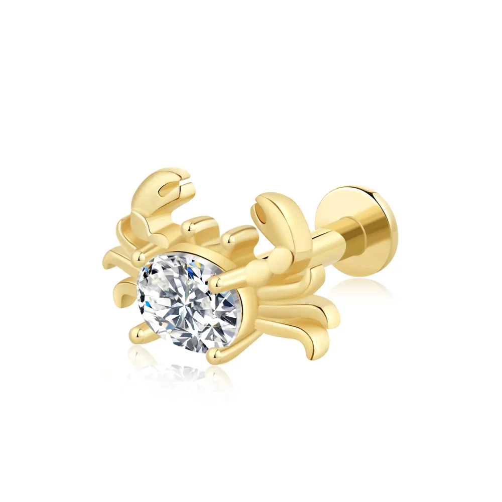 14K Solid Gold Crab Design Threadless Labret Stud with CZ Stone