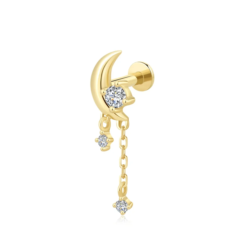 14K Solid Gold Crescent Moon Threadless Labret Stud with CZ Stone