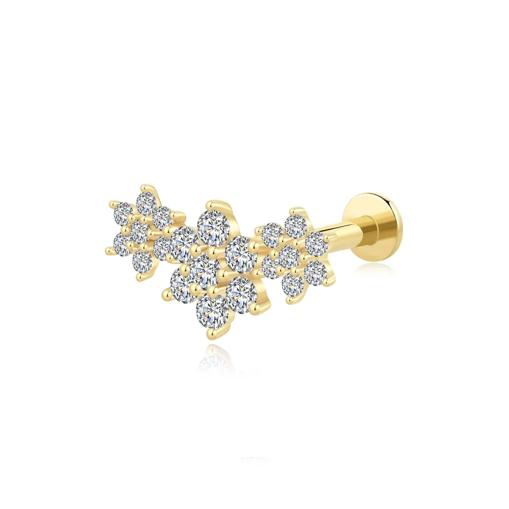 14K Solid Gold Floral Cluster Internally Threaded Labret Stud with CZ Stone