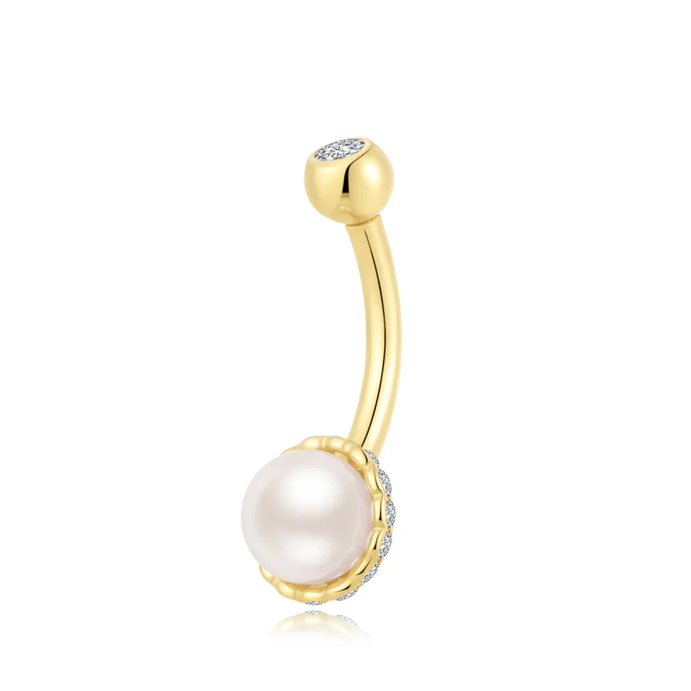 14K Yellow Gold Classic Elegance Navel Ring with Pearl and CZ Stone