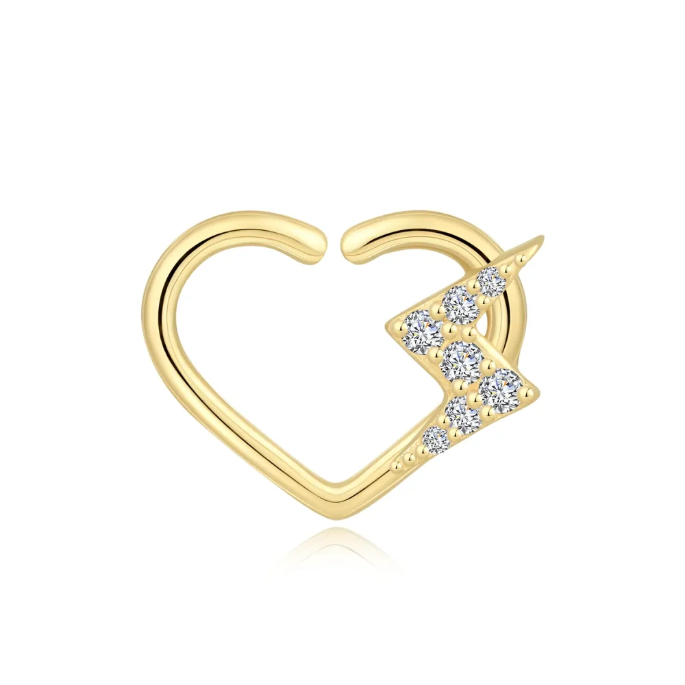 14K Solid Gold Heart-Shaped Seamless Ring with CZ Lightning Bolt