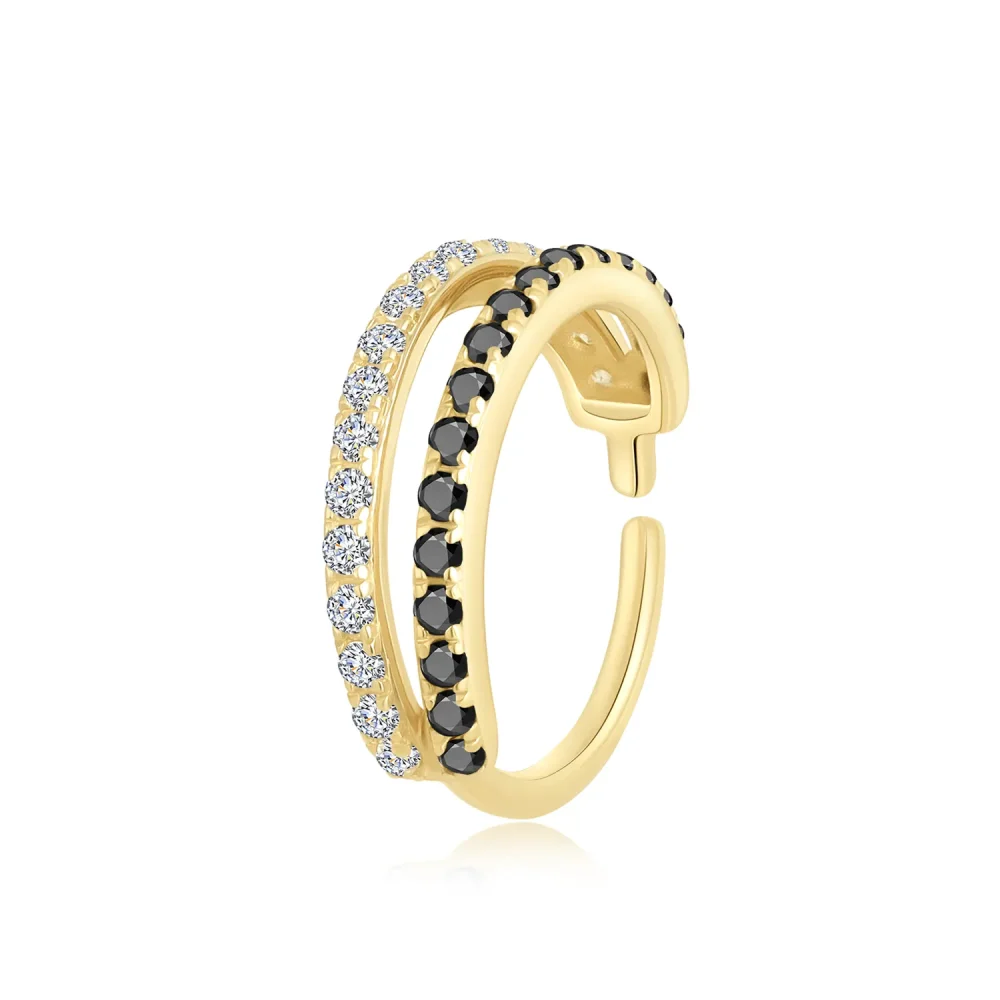 14K Solid Gold Double Band Seamless Ring with Black and Clear CZ Stones