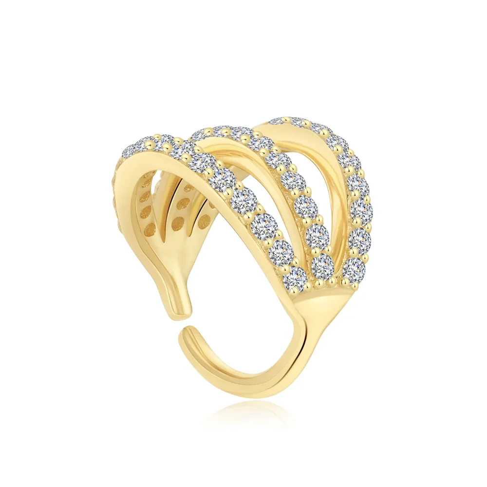 14K Solid Gold Triple Row CZ Stone Seamless Ring