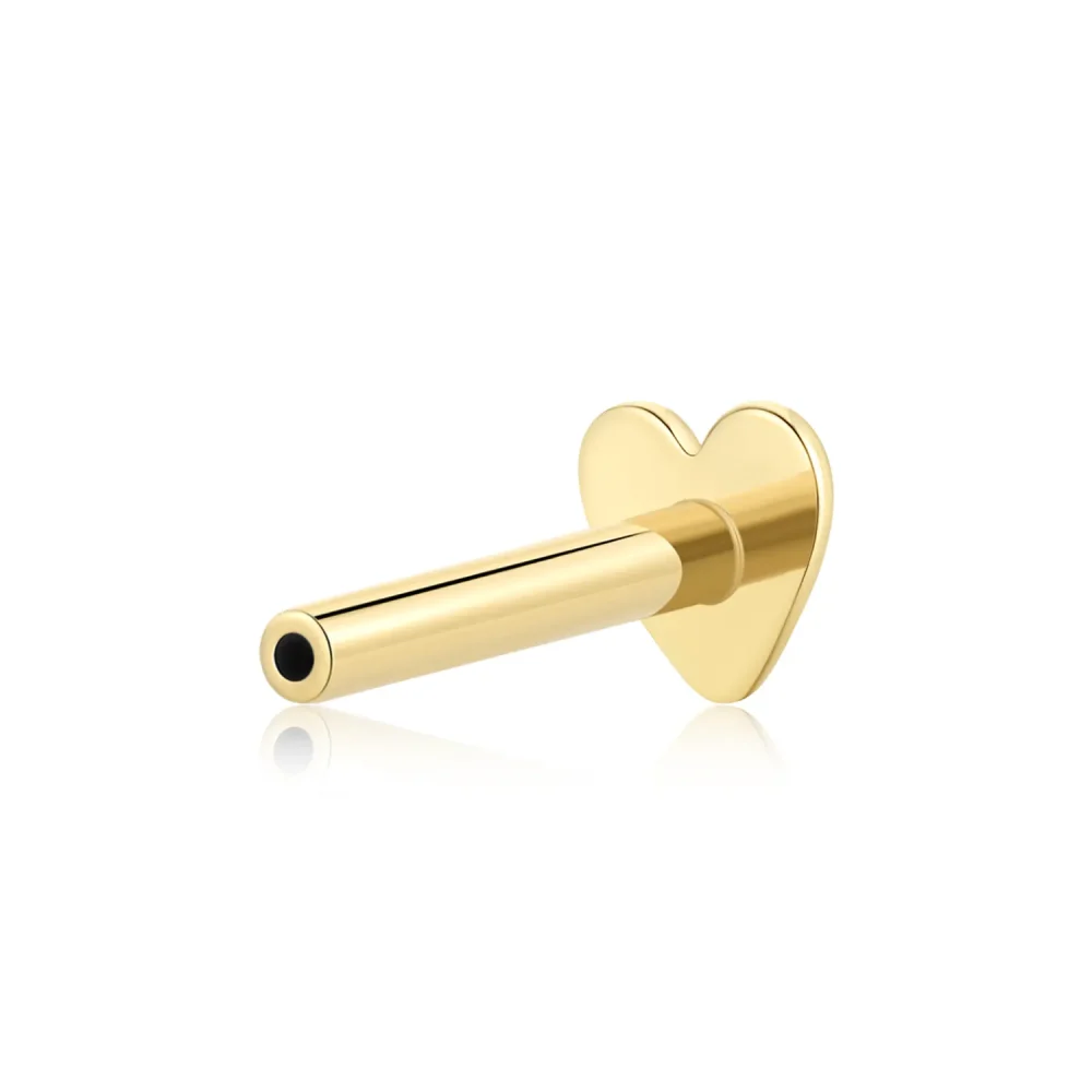 14K Solid Gold Threadless Bar with Heart Base – Delicate Heart Piercing Jewelry