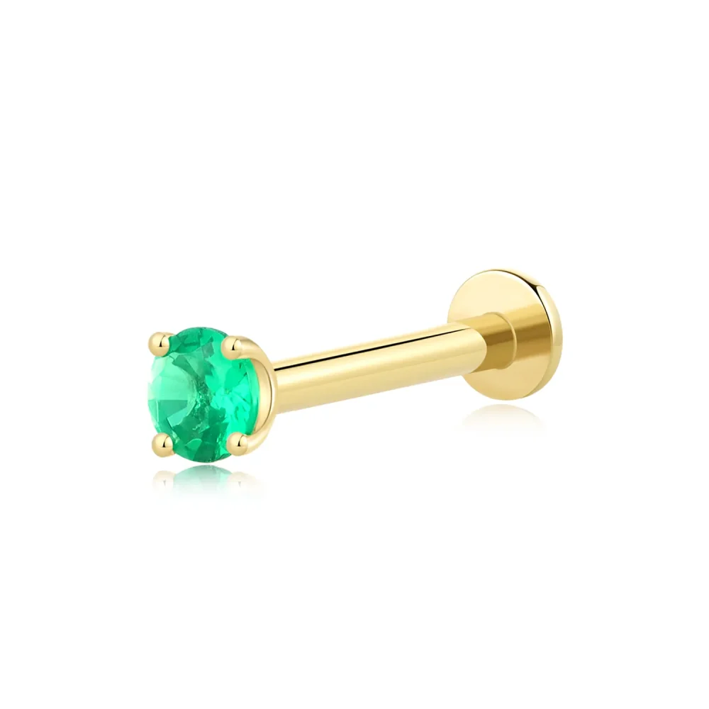 14K Solid Gold Threadless Labret Stud with 3mm Green Zircon